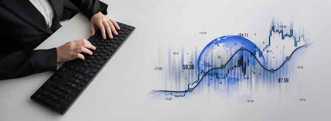 A business professional engages in data analysis on a keyboard, surrounded by modern financial graphics representing trends and economic insights. Scalp