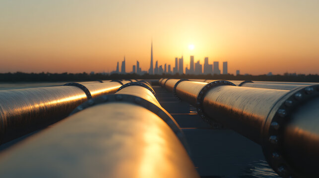 Metal pipes stretch towards a cityscape silhouetted against a vibrant sunset sky. The setting sun reflects off the smooth surfaces, creating a warm, industrial landscape. - Powered by Adobe