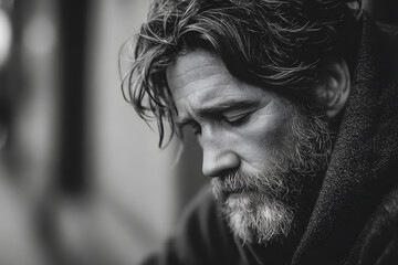 Obraz premium Homeless man drug and alcohol addict sitting alone and depressed on the street feeling anxious and lonely, social documentary concept black and white