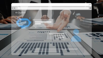 Business professionals collaborate in a modern office while interacting with an AI chatbot interface, focusing on data analysis and innovative solutions. Raster