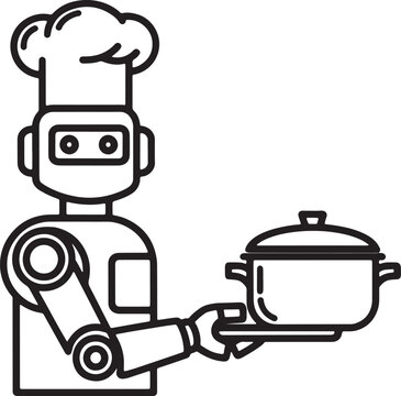 Chef Robot With Cooking Pot Silhouette Icon Vector Humanoid Mechanical Kitchen Culinary Logo Symbol Sign Illustration