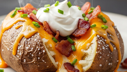 Delicious loaded baked potato with melted cheese and bacon bits