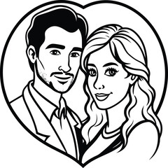 Hand-drawn romantic couple portrait illustration in a heart frame, black and white minimalist line art.