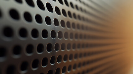 A close-up shot reveals a metallic surface perforated with a pattern of evenly spaced circular holes, creating a dynamic interplay of light and shadow, emphasizing depth.