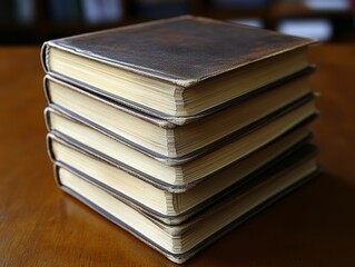 Selective focus. Organized table with journals for student study