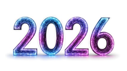 Futuristic 2026 numbers graphic with neon blue and purple glitter effect for New Year isolated PNG with Transparent Background