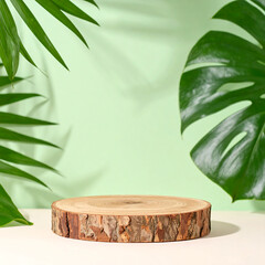 Natural Wood Slice Podium with Tropical Leaves &ndash; Minimalist Product Display Background