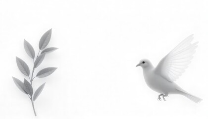 A white dove carrying a branch symbolizing peace and hope against a clean white background, copy space in middle for text