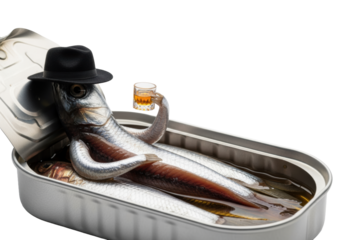 ultra-detailed anthropomorphic anchovy in a fedora relaxing in an aluminum tin, holding a whiskey glass, shot macro on a transparent void background, surreal luxury concept