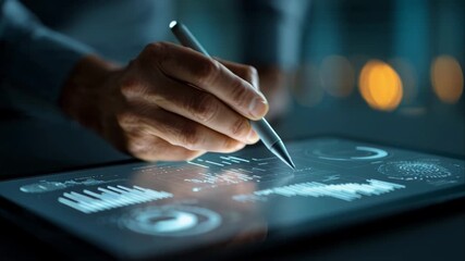 Business Analytics Data Visualization Stock Video Hand Touching Digital Graph Chart Dashboard Financial Report Analysis Big Data Insights Technology Future Innovation Success