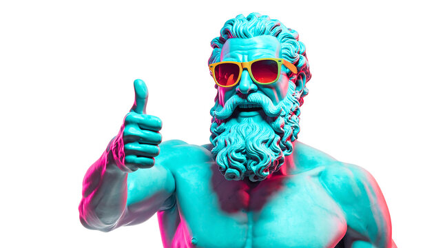 Vibrant Neon Statue Thumbs Up, Retro Sunglasses. Modern Ancient Greek Deity Sculpture. Pop Art Vaporwave Concept for Success & Approval. transparent background png