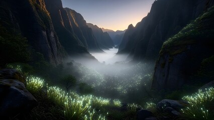 Mystical mountain valley at dawn with misty atmosphere and glowing plants, surrounded by dramatic cliffs and lush forest, creating a magical and cinematic fantasy landscape