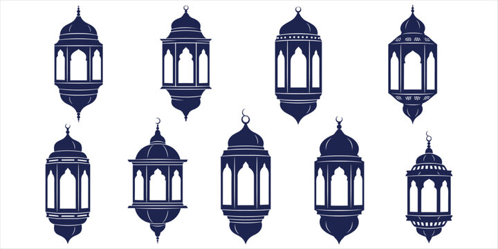 Set of Dark Blue Islamic Lantern Silhouettes with Crescent Moons ramadan