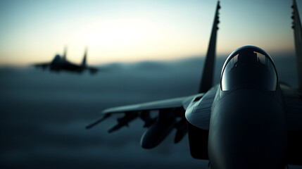 Two jets fly in formation in a dark sky. One jet is in focus, showing off its sleek design, while the other jet is blurred into the horizon, flying into the sunset.
