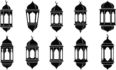 Variety of Black Silhouette Islamic Lanterns with Crescent Moon Embellishments lamp arabic © MdAbdur