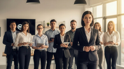 Obraz premium Confident businesswoman leading team in modern office setting
