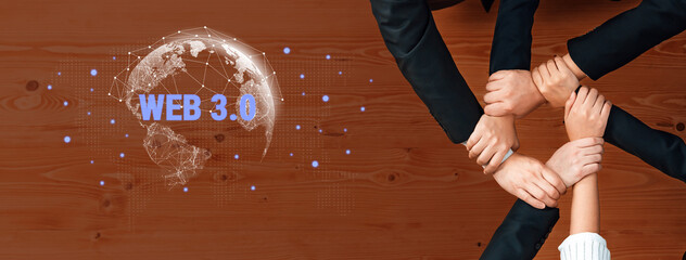 A dynamic image showing diverse hands coming together symbolizes collaboration in Web 3.0 technology with a global network theme, highlighting unity and innovation. Trope