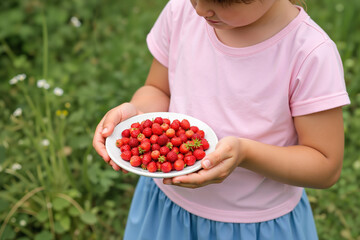 Young girl joyfully holding a plate of ripe strawberries in a lush garden background