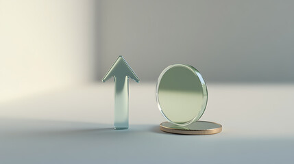 Clear arrow pointing upwards next to a round object on top of a coin, representing financial growth, investment, and success. Concept for rising market trends and progress.