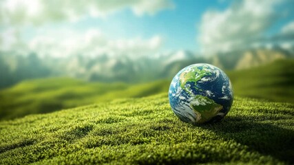 Globe on grass with mountains in background Environmental awareness concept