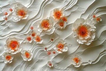 abstract background with flowers. 3D embossed clay wall elegant blossoms on branches