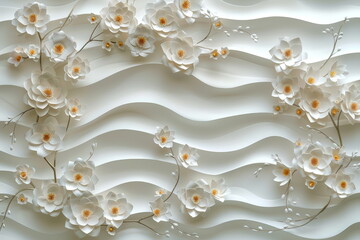 abstract background with flowers. 3D embossed clay wall elegant blossoms on branches