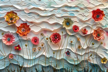 abstract background with flowers. 3D embossed clay wall elegant multicolored flowers