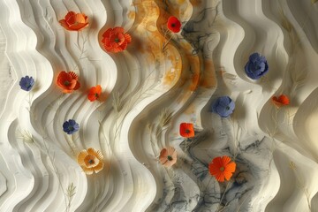 abstract background with flowers. 3D embossed clay wall elegant multicolored flowers