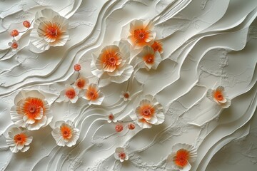 abstract background with flowers. 3D embossed clay wall elegant blossoms on branches