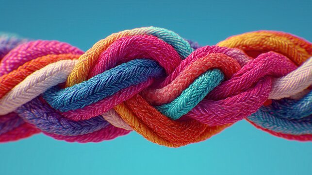 A colorful rope is twisted and knotted together. The colors are bright and vibrant, creating a sense of energy and excitement. The rope is twisted in a way that it looks like a knot