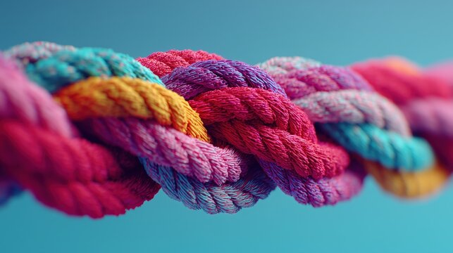 A colorful rope is twisted and knotted together. The colors are bright and vibrant, creating a sense of energy and excitement. The rope appears to be a symbol of connection and unity