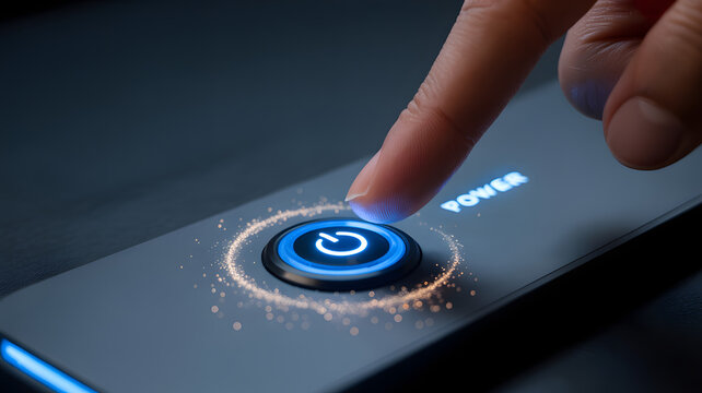 Close up of finger pressing glowing blue power button on futuristic electronic device to start system.png - Powered by Adobe