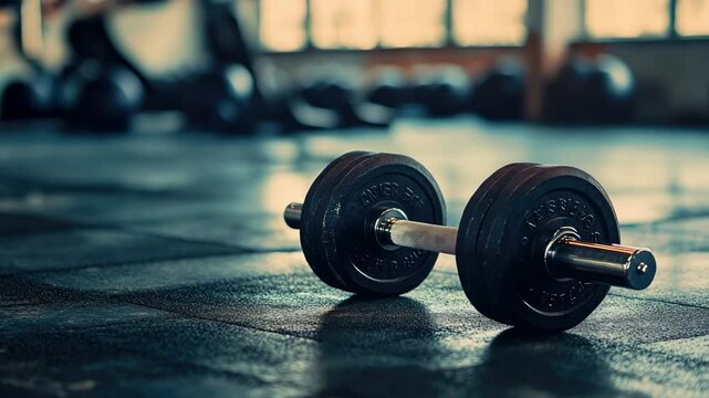 Close-up of dumbbell on gym floor, fitness training equipment