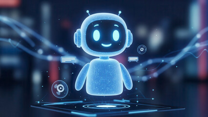 Friendly robot character with glowing blue eyes and headset on tablet