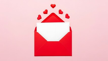 Valentine's day Red Envelope with Hearts and Blank Paper on Pink Background photo whisk