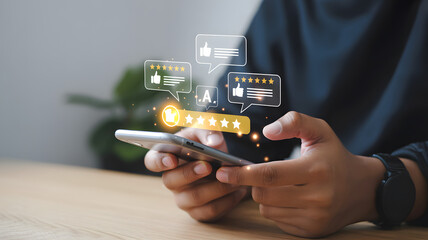 Customer satisfaction concept with hand holding smartphone giving a five star rating and positive feedback.png