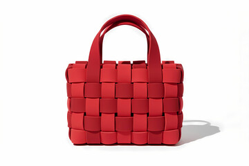 Front view of a crimson woven bag with thick interlocking straps and two top handles. Minimal studio lighting with soft shadows.