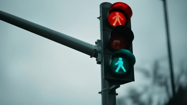 A sequence of traffic lights changing signals, pedestrian crossing lights in city setting