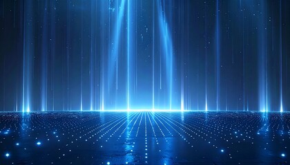 Futuristic Digital Stage with Blue Light Beams and Glowing Grid Floor