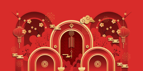 Festive Lunar New Year Illustration: A vibrant illustration showcasing traditional elements and decorations. The central focus is an elegant archway design, adorned with lanterns, fireworks.