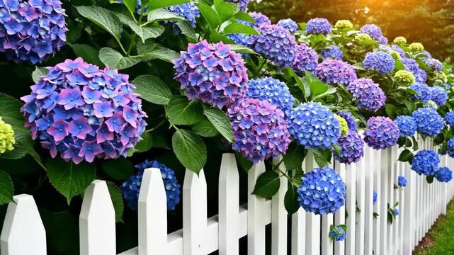 Hydrangea Heaven Blue blossoms overflowing over white picket fence border.