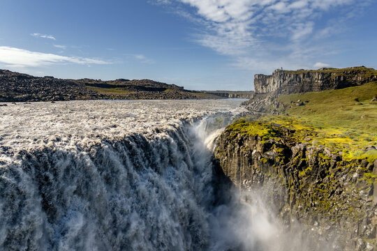 view of the majestic Dettifoss Waterfall in northeastern Iceland