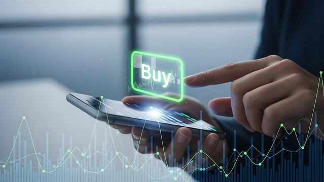 A person holding a smartphone with a glowing green buy button on the screen