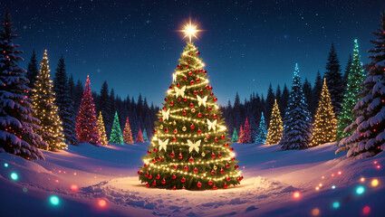 Magical Christmas Tree in a Snowy Winter Wonderland at Night