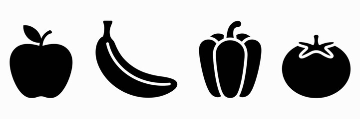 Flat design fruit and vegetable silhouettes, clean vector illustration featuring various produce, ideal for healthy eating concepts, organic food branding, grocery designs, menus, infographics, and nu