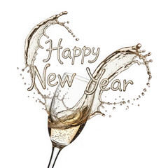 Happy new year celebration with champagne splashing isolated on transparent background