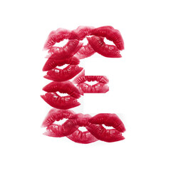 minimalist Isolated piece reveals a capital Letter "E" through clever negative space. The form emerges from the precise gaps between a cluster of vibrant red lipstick kiss marks on whiter background	