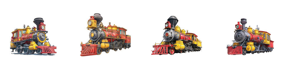 Obraz premium Four detailed illustrations of vintage steam locomotives with red black and yellow color schemes on transparent background