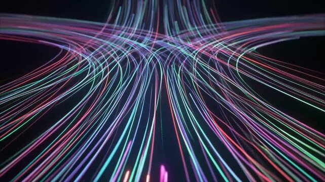 Abstract visualization of converging and diverging lines of colorful light against a dark background