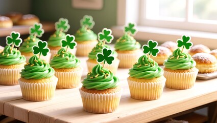 Festive Green Frosted Cupcakes with Shamrock Toppers for St. Patrick's Day
